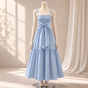 Women's Sky Blue Bow Front Tiered Maxi Dress Adjustable Straps Sleeveless Natural Waist Casual Party Summer Elegant Fashion - Product Image 1