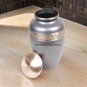 Adult Style Metal Cremation Urn New Grey Brass Golden Floral Band With Secured Lid <b>Keepsake</b> <b>Ashes</b> Jars Funeral Decorative Urns - Product Image 3