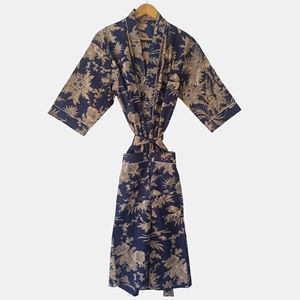 Robe Kimono Longue en Coton Bleu Marine à Motifs Floraux, Col en V, Manches Longues, Poche Avant – Vente en Gros Fabricant - Product Image 1