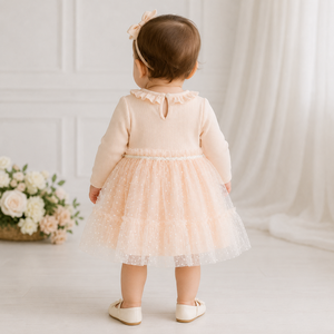 Robe de soirée en tulle côtelé à manches longues pour bébé fille avec col à volants - Product Image 4