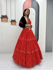 Georgette Bandhej Lehenga Choli With Mirror Work Cotton <b>Jacket</b> Ribbon Work Navratri Festival Wear Collection - Product Image 2