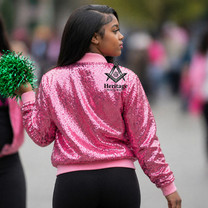 Heritage Masonic Regalia Women Slim Fit Pink <b>Sequin</b> Bomber <b>Jacket</b> Ribbed Knit Varsity Style Mock Collar <b>Jacket</b> Greek Apparel - Product Image 2