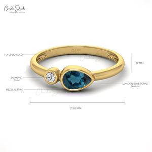 Producto de Moda para Vender: Anillo de Regalo de Boda de Oro Fino de 14k con Topacio Azul de Londres Natural de Corte Pera 6x4 y Diamantes Engastados en Bisel - Product Image 4