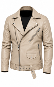Men's Brown Leather Moto <b>Jacket</b> <b>With</b> <b>Zipper</b> Closure Turn-down Collar Belted <b>Pockets</b> - Product Image 3
