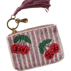 Pochette personnalisable brodée de perles cerise, rayée rose, avec fermeture éclair en perles de verre, porte-clés à pompon, petit sac à monnaie pour femme - Product Image 1
