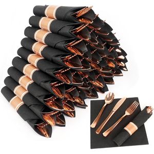 Set di posate in plastica color oro rosa pre-rollate, 50 pezzi, kit monouso per feste, 50 forchette, 50 cucchiai, 50 coltelli, tovaglioli inclusi - Product Image 2