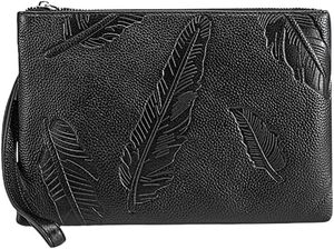 Black Leather Clutch with Embossed Feather Design <b>Zip</b> Around <b>Wallet</b> - Product Image 2