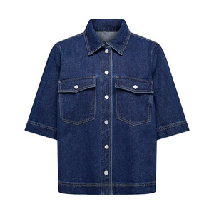 Camisa vaquera para mujer, manga tres cuartos, cuello vuelto, color liso, top informal con bolsillos, ropa de primavera - Product Image 1
