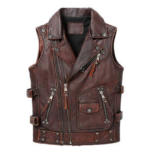 Gilet en cuir vintage pour homme, couleur personnalisable, fermeture boutonnée, col rond, boucles latérales ajustables, respirant pour l'automne - Product Image 1