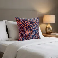 Housse de coussin en velours orange corail, textiles de maison, avec imprimé léopard bleu marine, coussin décoratif pour canapé