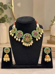 TISHYA DIAMOND Gold Plated Copper Alloy Necklace Earring <b>Set</b> Ruby Brilliant Cut Imitation <b>Pearl</b> Tassel Ethnic Wedding <b>Jewelry</b> - Product Image 2