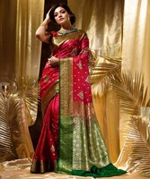 Sari traditionnel en soie rouge modal avec bordure dorée et pallu vert, style Banarasi, pour femmes, idéal pour les fêtes et les mariages, robe ethnique indienne