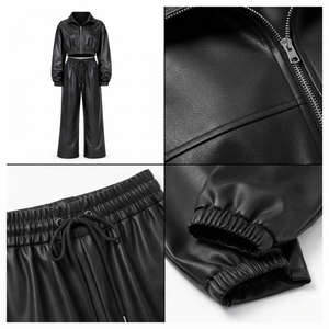 2026 New Design Fashion Hot Selling PU Leather Tracksuit Sporty Elegant Zipper Fly Stand <b>Collar</b> <b>Women</b> Leather Tracksuit Set - Product Image 4