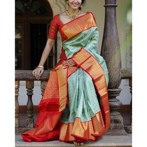 TRADICIONAL SUAVE LICHI SEDA SAREE CON BLUSA SIN COSTAR MENTA - Product Image 1