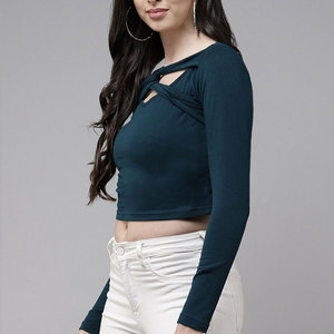 T-shirt court en maille respirante à manches longues et coupe ajustée pour femme, bleu foncé, style croisé, couleur unie, collection Printemps-Été - Product Image 2