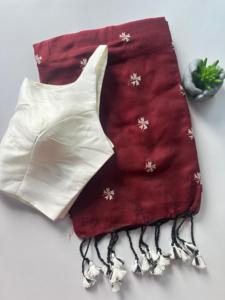 Premium Khadi Cotton Embroidered <b>Saree</b> With Plain Bollywood <b>Blouse</b> Traditional Ethnic Wear Women Collection - Product Image 6