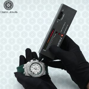 Charm_Jewells Luxury Men's Stainless Steel Watch 43mm Diamond Bezel Analog Quartz <b>Chronograph</b> Green Silicone Band - Product Image 5
