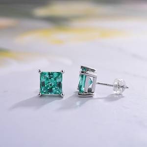 Teal Princess Cut Moissanite Stud <b>Earrings</b> Velaboo 925 Silver Minimalist Square <b>Earrings</b> Daily Wear <b>Fine</b> Jewelry Gift for Her - Product Image 1