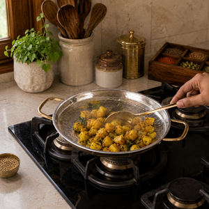 Premium Hammered Stainless Steel Serving Tray with Brass Handles Round Indian Platter Buffet Server <b>for</b> Home Kitchen Hotel - Product Image 3