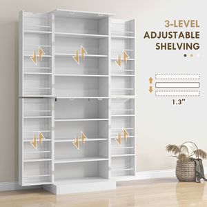 Moderno Armadio Dispensa da Cucina da 65 Pollici con 4 Ante e 16 Ripiani in Acciaio Inossidabile e Metallo Bianco per Sala da Pranzo - Product Image 5
