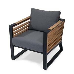 Modern Metal Living Room <b>Chair</b> with Wood Slat Sides and Gray Cushion for Indoor Use - Product Image 3