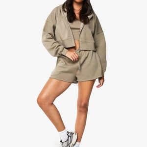 Women's Lightweight Loose Fit 100%Cotton Fleece Breathable Eco-Friendly Hoodie Shorts <b>Set</b> Casual Wear Adults Spring/Summer Women - Product Image 1