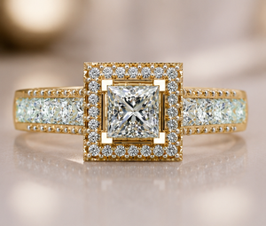 Bague de fiançailles avec halo de diamants cultivés en laboratoire |   Or jaune |   Centre de taille princesse avec double halo et pierres latérales |   Demande en mariage - Product Image 1