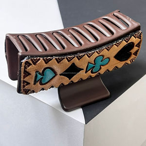 OEM & ODM Western Playing Card Tooled Leather Hair Claw <b>Clip</b> for Women's Turquoise Poker Design Boutique Fashion Hair Accessory - Product Image 5