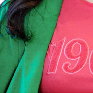 T-shirt en chenille rose 1908 avec lettres grecques brodées, en coton premium, vêtement décontracté pour sororité - Product Image 5