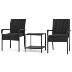 Set da bistrot da esterno in ferro nero con tavolino laterale in vetro temperato a 2 livelli e sedie - Product Image 3