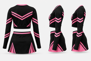 Wholesale Low Price Adults Polyester Cheerleading Uniform Set <b>Long</b> <b>Sleeve</b> <b>Crop</b> Top Mini Skirt <b>Black</b> Pink Rhinestone Heat - Product Image 2