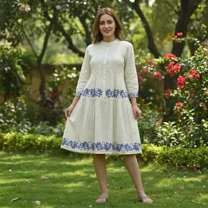 Womens Cream Embroidered Cotton Midi Dress Mandarin Collar <b>Three</b> Quarter Sleeves Pleated Bodice A Line Casual Elegant SummerWear - Product Image 5