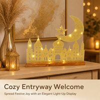 Silhouette de mosquée en bois avec lune croissante et étoile, décorée de paillettes dorées, fonctionnant sur piles, avec LED, pour la décoration de table et de maison pendant le Ramadan