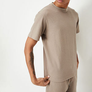 T-shirt à manches courtes pour homme, beige, col rond, coupe classique, tricoté, 100% coton, couleur unie - Product Image 4