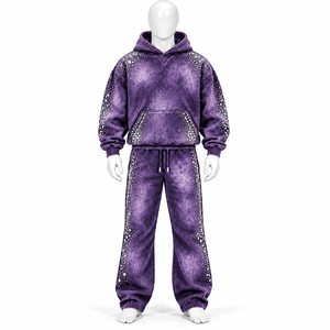 Conjuntos Deportivos Casuales de Alta Calidad con Logotipo Bordado, Efecto Desgastado y Pedrería, Sudaderas con Cremallera Extra Grandes y Pantalones Deportivos 100% Algodón - Product Image 6