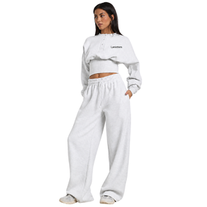 Women Cropped <b>Crewneck</b> Tracksuit Set Elastic Hem Sweatshirt Wide Leg Trouser High Waist Casual Two Piece Lounge Outfit Wholesale - Product Image 1