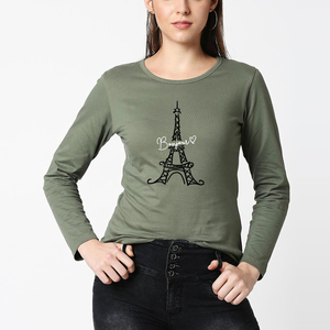 Camiseta de manga larga para mujer, color verde oliva, con estampado de la Torre Eiffel, cuello redondo, corte ajustado, informal, de algodón. - Product Image 1