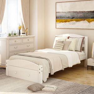 Letto a piattaforma singolo bianco con cassetto contenitore e supporto a doghe in legno, non necessita di rete a molle - Product Image 1