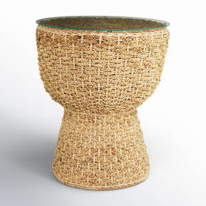 Mesa auxiliar de ratán tejida a mano con muebles de sala de estar con tapa de vidrio - Product Image 1