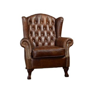 Fauteuil Chesterfield élégant en cuir véritable, dossier haut, pour salon, fauteuil de détente, en cuir tanné - Product Image 4