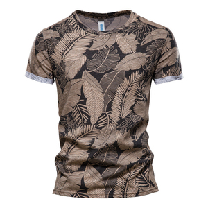T-shirt décontracté pour homme, bleu marine, imprimé bambou, coupe ajustée, manches courtes, col rond, en polyester tricoté, respirant - Product Image 6