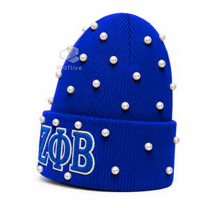 Gorro de Punto Azul con Perlas para Mujer de la Hermandad Zeta Phi Beta, Gorro Casual de Invierno con Letras Griegas Bordadas en Chenilla - Product Image 4