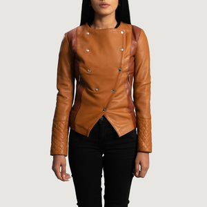 Women's Brown PU Leather Knitted Winter Moto <b>Jacket</b> Full Sleeve Quilted Double Breasted Zipper Closure - Product Image 5