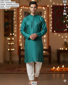 Nawab Classic Jacquard <b>Silk</b> Men's Floor-Length Traditional Pathani Set for Diwali & Wedding - Product Image 5