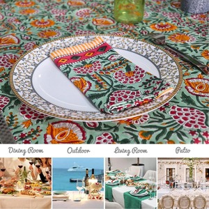 Handmade Eco-Friendly Green & White Indian Floral Cotton <b>Tablecloth</b> for Farmhouse Wedding Events - Product Image 3