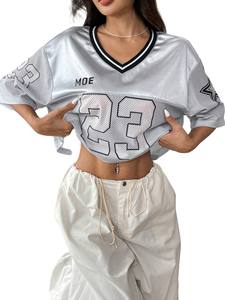 Maillot de football américain court en mesh pour femme, col en V, manches courtes, streetwear, impression de numéro, logo personnalisé, marque privée, OEM - Product Image 5