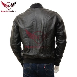 Blouson aviateur homme en cuir véritable noir, col côtelé, coupe ajustée, style motard, en cuir de vachette, vêtement d'extérieur classique et tendance, personnalisé, pour l'hiver - Product Image 4