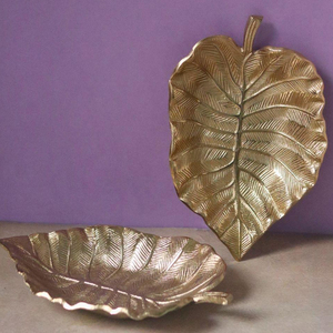 Luxury <b>Gold</b> Leaf <b>Serving</b> <b>Tray</b> Set Of 2 Metal Decorative Platter Dry Fruit Dish Home Hotel Wedding Party Table Decoration - Product Image 2