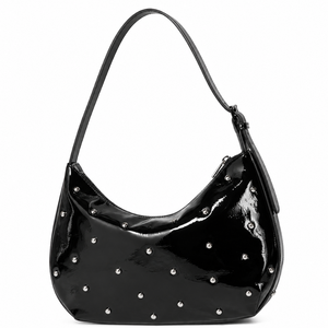 Sac à bandoulière pour femme en PU noir, style preppy, avec rivets, fermeture éclair, sangle simple, pour les voyages et le shopping - Product Image 1