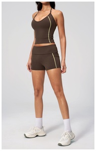 Brown Seamless Yoga Set Halter <b>Crop</b> <b>Top</b> High Waist Shorts Contrast Stitch Breathable Spandex Polyester 2 Piece - Product Image 6